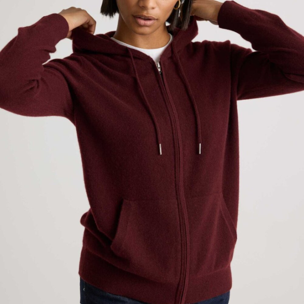 NWT Quince Mongolian Cashmere Full-Zip Hoodie Womens L Burgundy